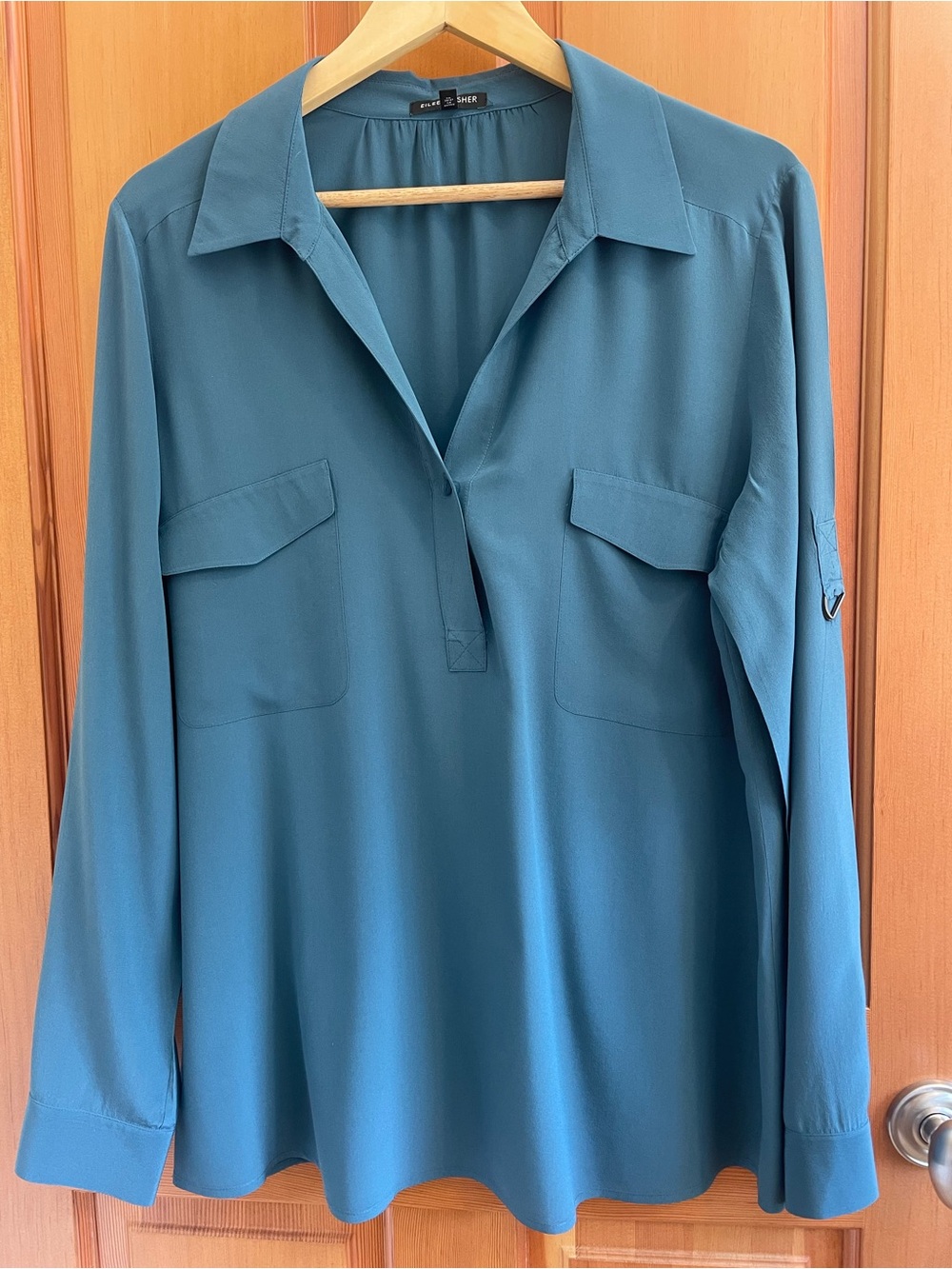 Eileen Fisher Silk Teal Blue Blouse Roll Up Sleeve L